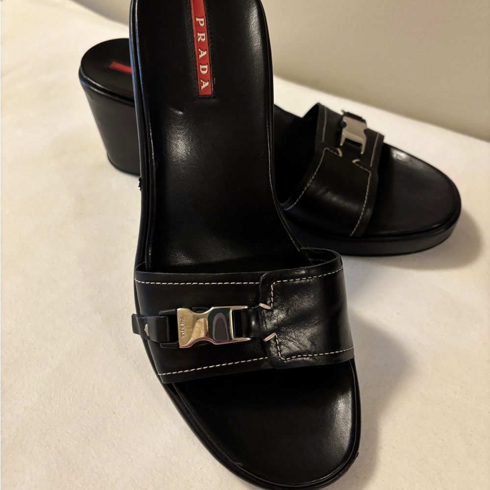 Prada Black Leather Slide Wedge Sandals with Silver Buckle